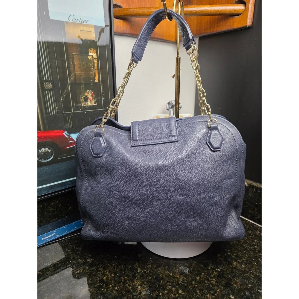 Tory Burch Link-Chain Shoulder Tote Bag Navy Blue Pebbled Leather Gold Large
